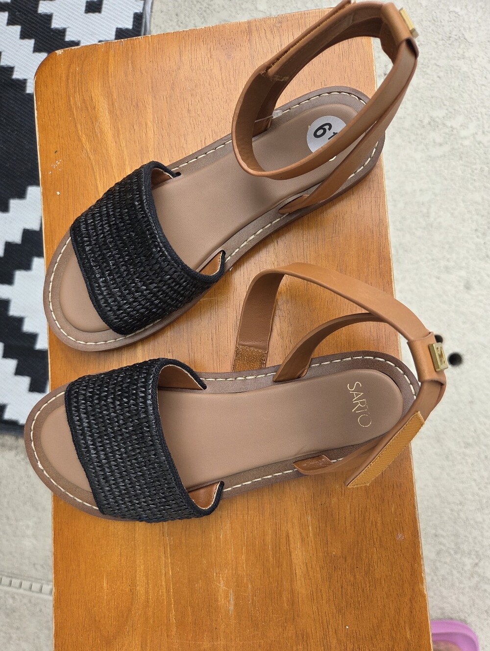 Franco Sarto Black Woven Front Strap Sandals with Tan Ankle Strap